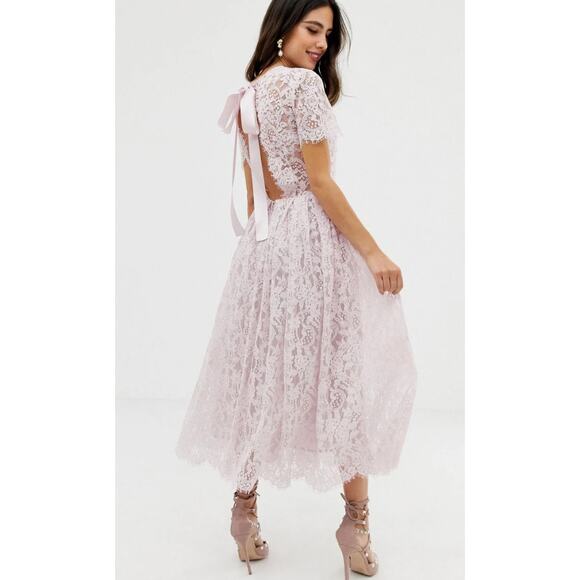 NEW ASOS Pastel Pink Lace Midi Dress Size 8 Ribbon Tie And Open Back Party - Picture 5 of 14